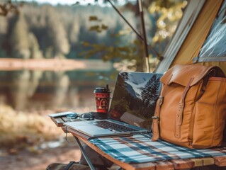 Digital nomad adventure, laptop work, mobile office, nature, remote work setup