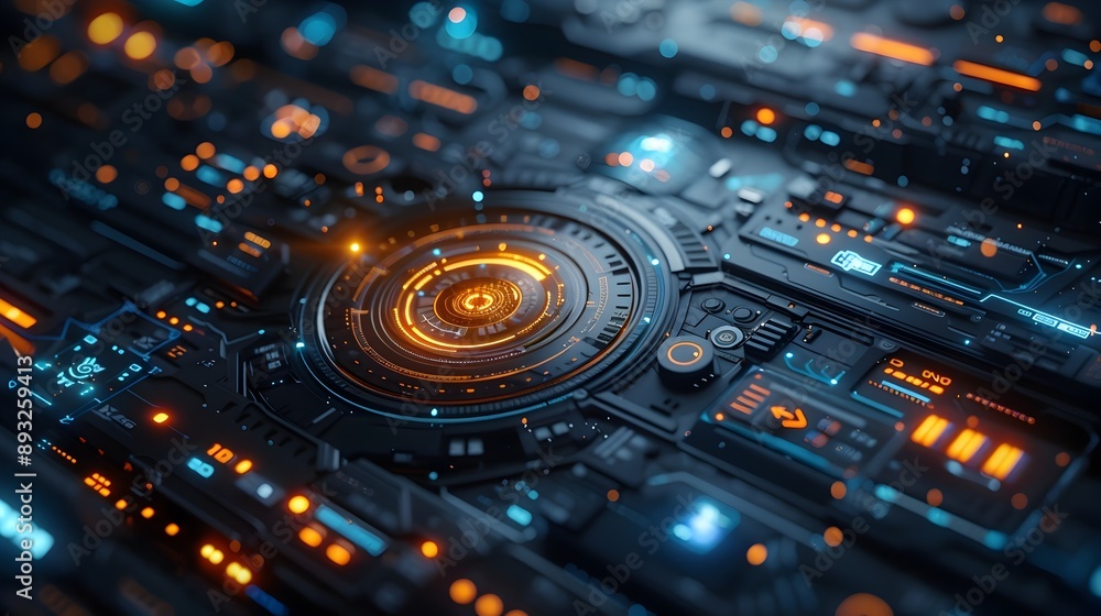 Poster cyber interface with holographic data and interactive elements high tech sleek futuristic concept