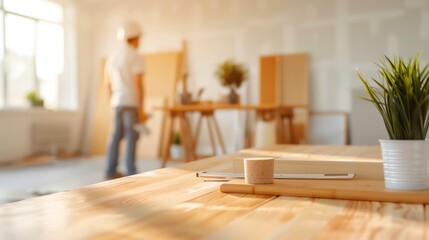 Blurred background of a carpentry workshop with a man working in the distance. In the foreground, a wooden table with a pencil, and a plant on it. The table is made of light wood.