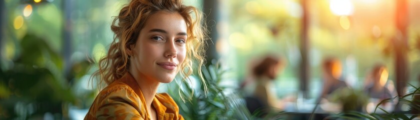 Portrait of a relaxed young woman sitting in a cozy cafe with green plants and a warm ambiance, enjoying the natural light from the window.