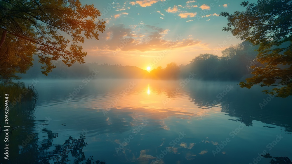 Wall mural Tranquil Lake Sunrise Reflecting Vibrant Skies at Dawn Symbolizing New Beginnings