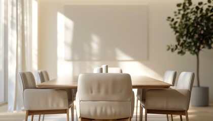 Fototapeta premium A conference room with a large wooden table and comfortable leather chairs. The room is bright and airy, with large windows that let in plenty of natural light.