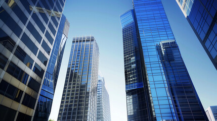 A futuristic skyscraper with a sleek, reflective glass facade rising against a clear blue sky, showcasing modern urban architecture and advanced design