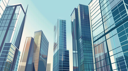 Obraz premium A futuristic skyscraper with a sleek, reflective glass facade rising against a clear blue sky, showcasing modern urban architecture and advanced design