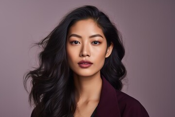 Naklejka premium A woman with long black hair and a purple jacket