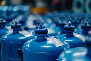 Pattern of blue propane tanks tightly packed, with selective focus creating depth in an industrial setting 