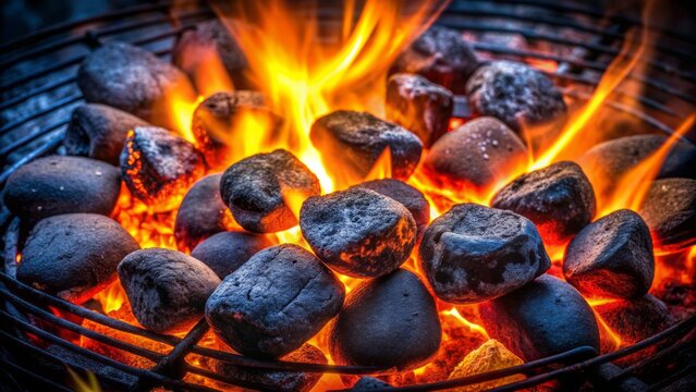 Fiery charcoal briquettes ablaze in a barbecue grill pit, emitting a warm glow, perfect for a spooky Halloween or summer celebration.