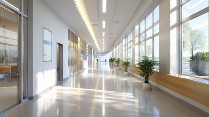High school corridor with clean lines, minimalist d?(C)cor, and plenty of natural light