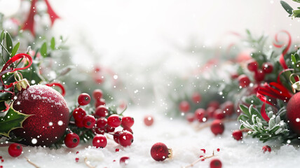 Enchanting Christmas Background with Snow Covered Holly and Red Berries