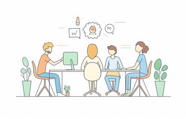 International Coworking Day. people in an office setting having a discussion, working together. office space with people working on laptops and using mobile phones