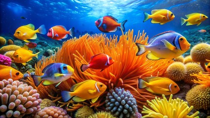 Vibrant orange and blue tropical fish swim amidst coral reef, surrounded by sea anemones and schooling small yellow fish.