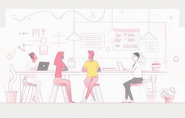 International Coworking Day. people in an office setting having a discussion, working together. office space with people working on laptops and using mobile phones