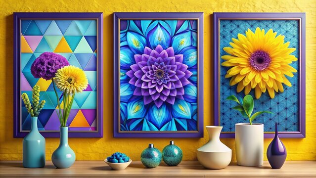 Vibrant abstract art posters featuring purple flowers and geometric shapes in blue, yellow, and cyan hues adorn elegant framed wall decor.