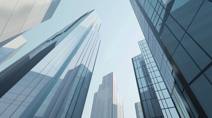 A futuristic skyscraper with a sleek, reflective glass facade rising against a clear blue sky, showcasing modern urban architecture and advanced design