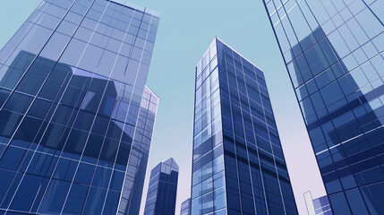 Obraz premium A futuristic skyscraper with a sleek, reflective glass facade rising against a clear blue sky, showcasing modern urban architecture and advanced design