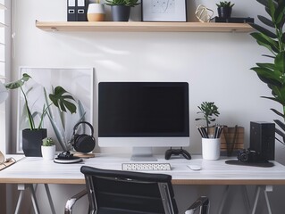 Home office setup, video call, productivity, ergonomic chair, minimalist workspace