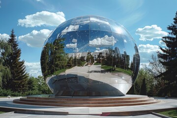 Giant Mirrored Globe Reflecting the Sky and Surrounding Trees