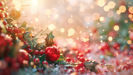 Enchanting Christmas Background with Snow Covered Holly and Red Berries