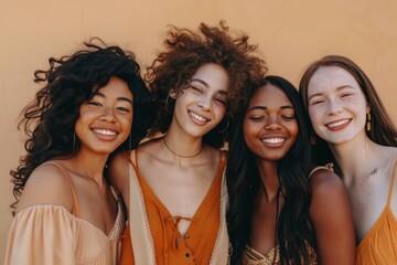 Obraz premium Portrait of happy diverse multi ethnic young women on beige background. 