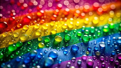 Vibrant rainbow flag with droplets of water glistening on its surface, set against a soft, blurred, colorful bokeh background.