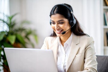 "Indian Professional Woman Using Headset for Virtual Meeting" – A businesswoman engaged in a video call with a headset.
