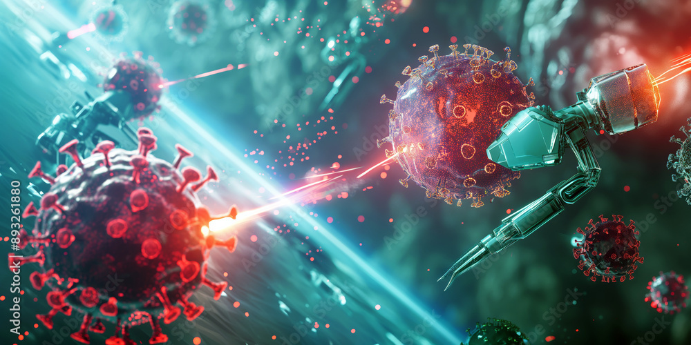 Poster a nanotechnology in action, with nanoscale robots targeting and destroying bacteria or viruses, set 