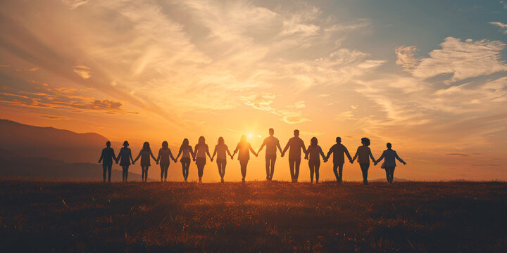 Silhouette figures of a team holding hands representing unity and cooperation in work. Suitable for teamwork, leadership, collaboration, and success concepts.