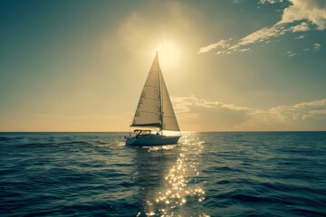 Obraz premium Sailboat in the sea under sunlight, luxury summer adventure, outdoor activities at sea. Sailboat sailing on ocean. 