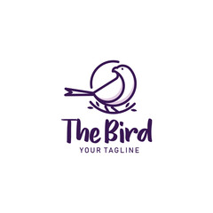 bird standing on tree branch with line style logo design vector illustration