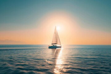 Sailboat in the sea under sunlight, luxury summer adventure, outdoor activities at sea. Sailboat sailing on ocean. 