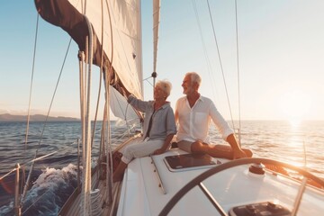 Senior couple sailing luxury yacht during their active retirement, Plan life insurance of happy retirement. 