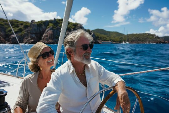 Senior couple sailing luxury yacht during their active retirement, Plan life insurance of happy retirement. 