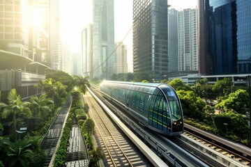 Fototapeta premium Modern Train Traveling Through a City Landscape