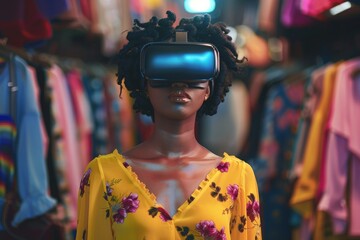 Obraz premium Shopping online concept. Black woman using VR for online shopping browsing stylish clothing items. e-Commerce, e-Shopping, e-Store products