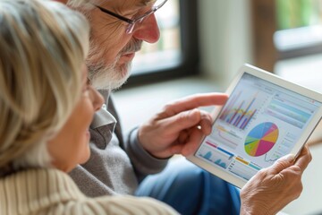 Elderly couple analyzing financial data on a digital tablet with graphs and charts. Retirement planning, personal finance management, senior investments, digital technology in finance, stock market.