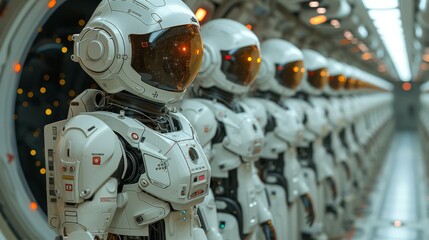 Fototapeta premium A Row of White Robots Lined up Next to Each Other in a Large Room - Generative AI