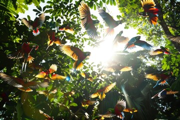 A Sun-Drenched Canopy of Colorful Macaws
