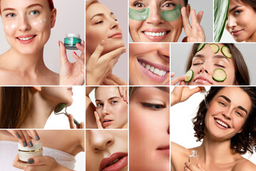 Beauty collage of close-ups of women enjoying various skincare routines, from applying creams and...