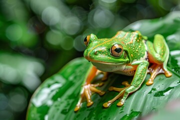 Naklejka premium Green Tree Frog on a Leaf