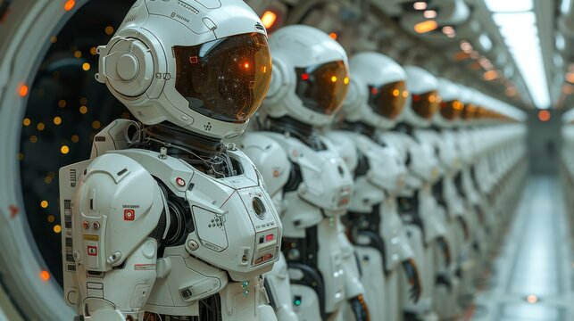 A Row of White Robots Lined up Next to Each Other in a Large Room - Generative AI
