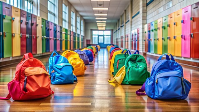 Colorful backpacks scattered on empty school hallway floor, capturing energetic atmosphere of kids' back to school excitement and playfulness.