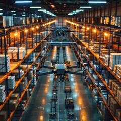 Warehouse automation with drones navigating through aisles to manage inventory and optimize logistics in an industrial setting.