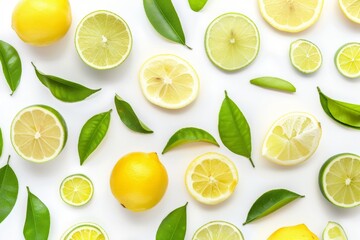 slice lemon and lime with green leaves creative pattern isolated on white background, Top view and flat lay 