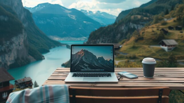 Remote work, mobile workspace, travel adventure, freedom, laptop lifestyle