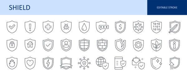 Vector icons defense shield. Protective symbol, safety and security of home, plants, mail from viruses and different troubles. Medieval shield and sword, coat of arms. Editable stroke black line set.