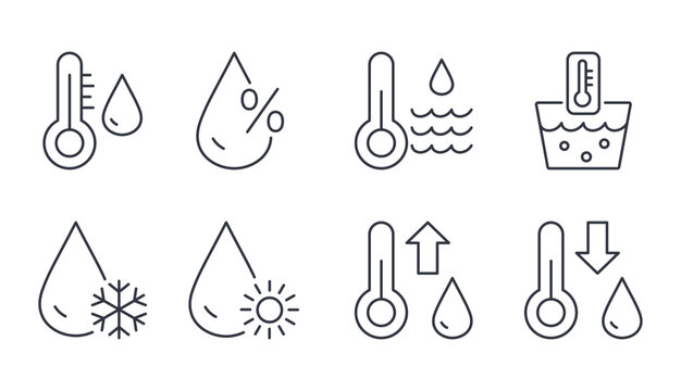 Line icons water temperature. Vector symbols of high and low temperature, humidity. Increase decrease values, water quality. Drop of water in the sea, thermometer, snow and sun. Editable stroke set.