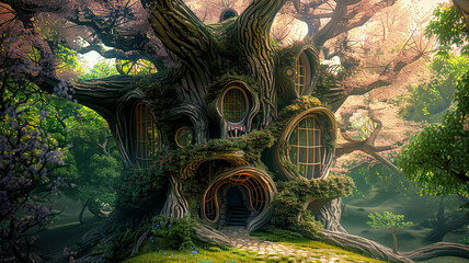 Naklejka premium Enchanted Treehouse Haven: A whimsical treehouse nestled amidst the ancient boughs of a magical forest, bathed in dappled sunlight. 