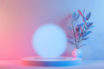 Minimalist Podium with Blue and Pink Gradient Lighting, Modern Abstract Decor