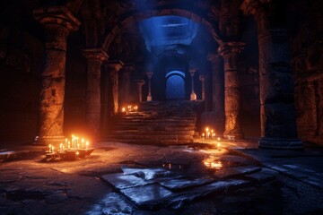 Journey gear in ancient chambers, illuminated by subtle lighting, reveals the rich history and exploration of these historic spaces.
