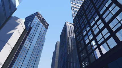 Fototapeta premium A futuristic skyscraper with a sleek, reflective glass facade rising against a clear blue sky, showcasing modern urban architecture and advanced design